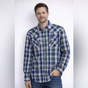 Avirex Men’s Large Blue Green Plaid Button-Up Western Shirt Long Sleeve